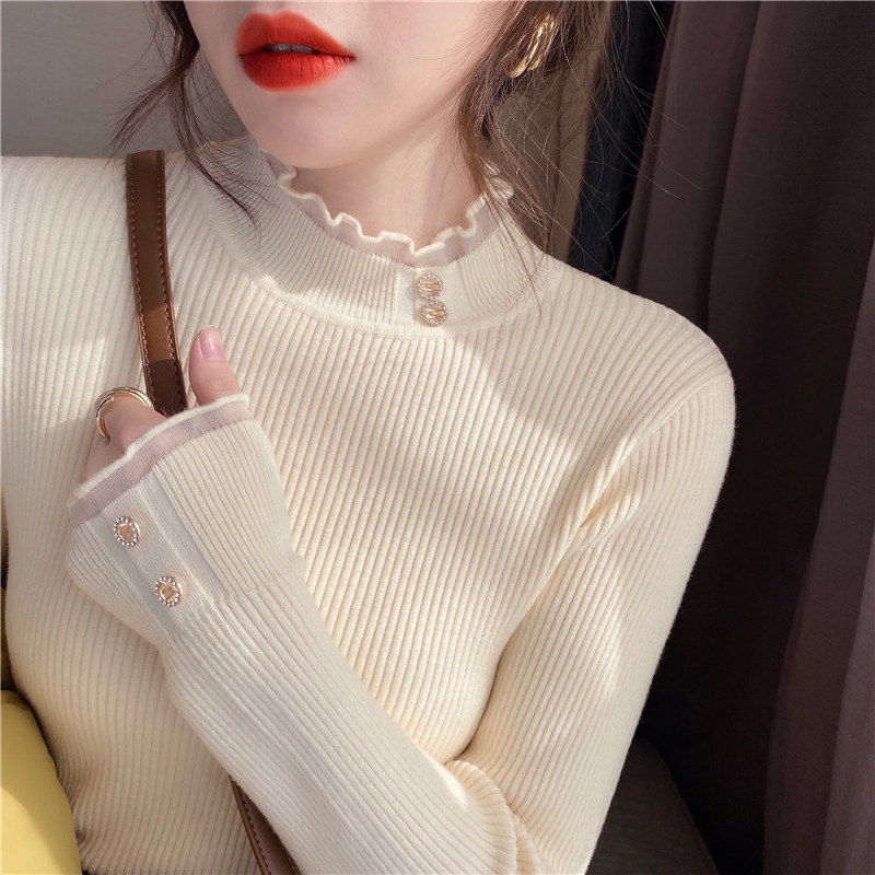 Áo len nữ tay dài cổ cao phối ren thời trang
