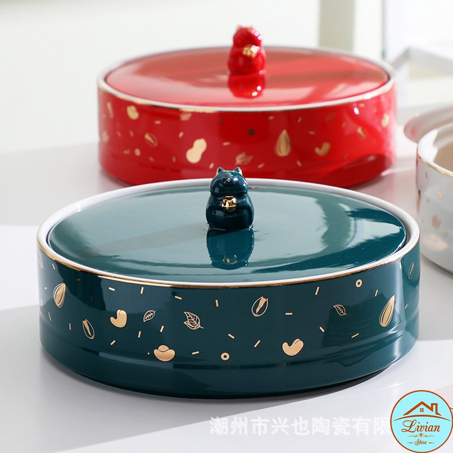 Khay sứ đựng mứt,bánh kẹo hình tròn 4 ngăn gỗ, có nắp sang chảnh-hàng cao cấp- KÈM ẢNH THẬT-HÀNG CÓ SẴN