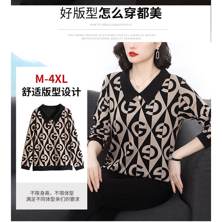 Áo thun tay dài dáng rộng in họa tiết thời trang xuân thu cho phụ nữ trung niên