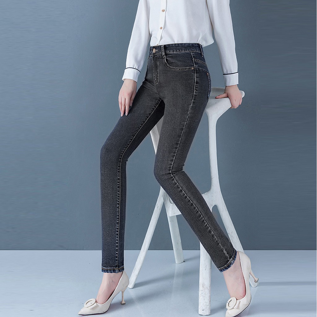 [ có size ] Quần jeans nữ cạp cao trên rốn siêu co giãn form dáng ôm -Quần bò trơn 2 màu cho nữ