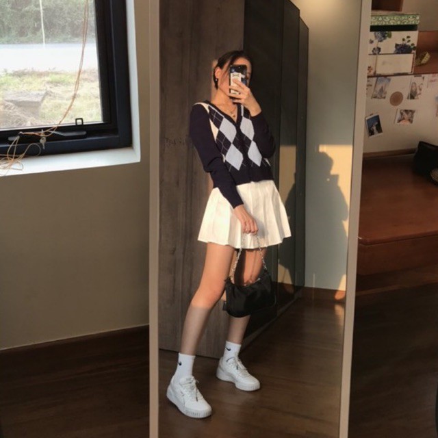 Cardigan kẻ caro xanh