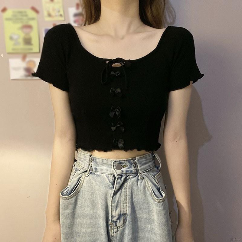 [Mã FAMAYWA giảm 10K đơn 50K] Áo kiểu dệt kim ngắn tay đính nơ phong cách Hàn Quốc xinh xắn thời trang cho nữ | BigBuy360 - bigbuy360.vn