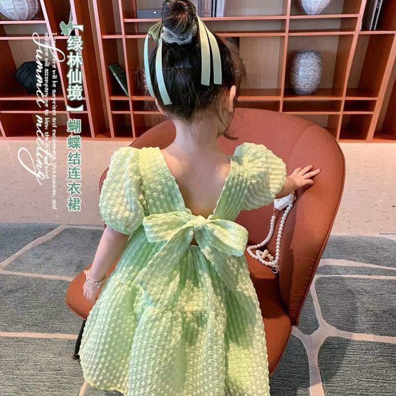 Váy bé gái đũi xốp nhăn hoặc váy ren mầu xanh nơ lưng bản to 8-36kg XHN999