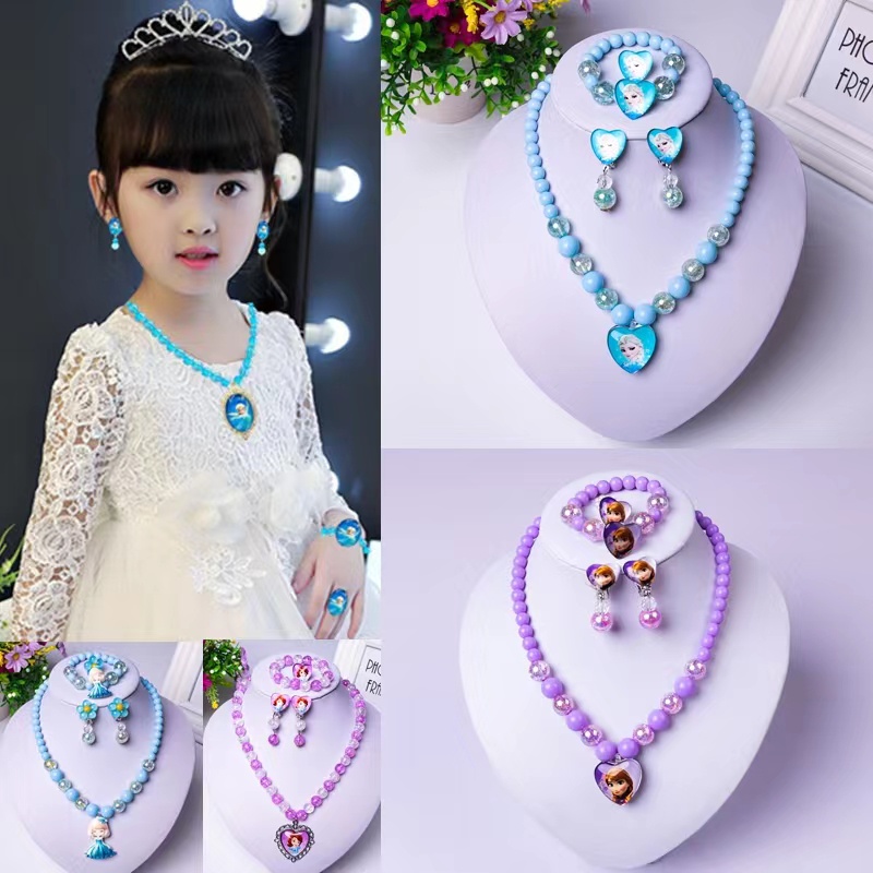 Bộ Trang Sức 5 Món Gồm Vòng cổ / Vòng Tay / Nhẫn / Bông Tai Đính Ngọc Trai Nhân Tạo Hình Công Chúa Frozen Dễ Thương Cho Bé Gái