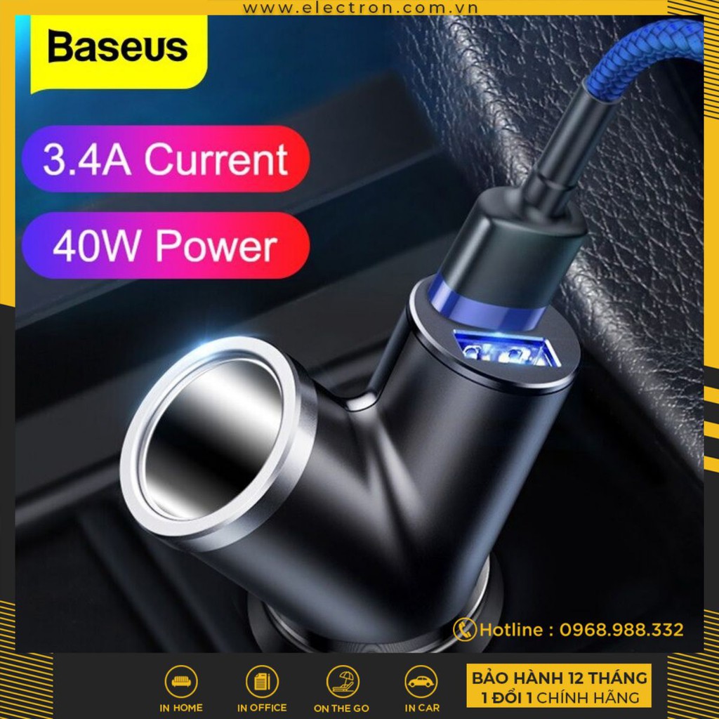 Bộ tẩu sạc mở rộng 3 trong 1 dùng cho xe hơi Baseus Y Type Dual USB (40W, 3.4A Fast Charge, Intelligent Car charger)