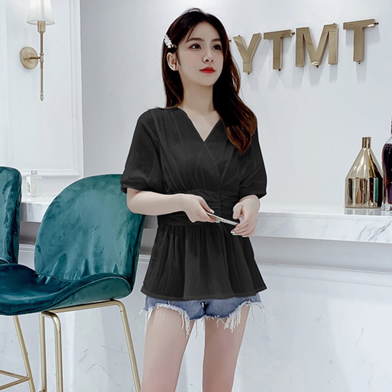 Áo kiểu chiffon tay ngắn thiết kế cổ chữ V nữ tính thời trang