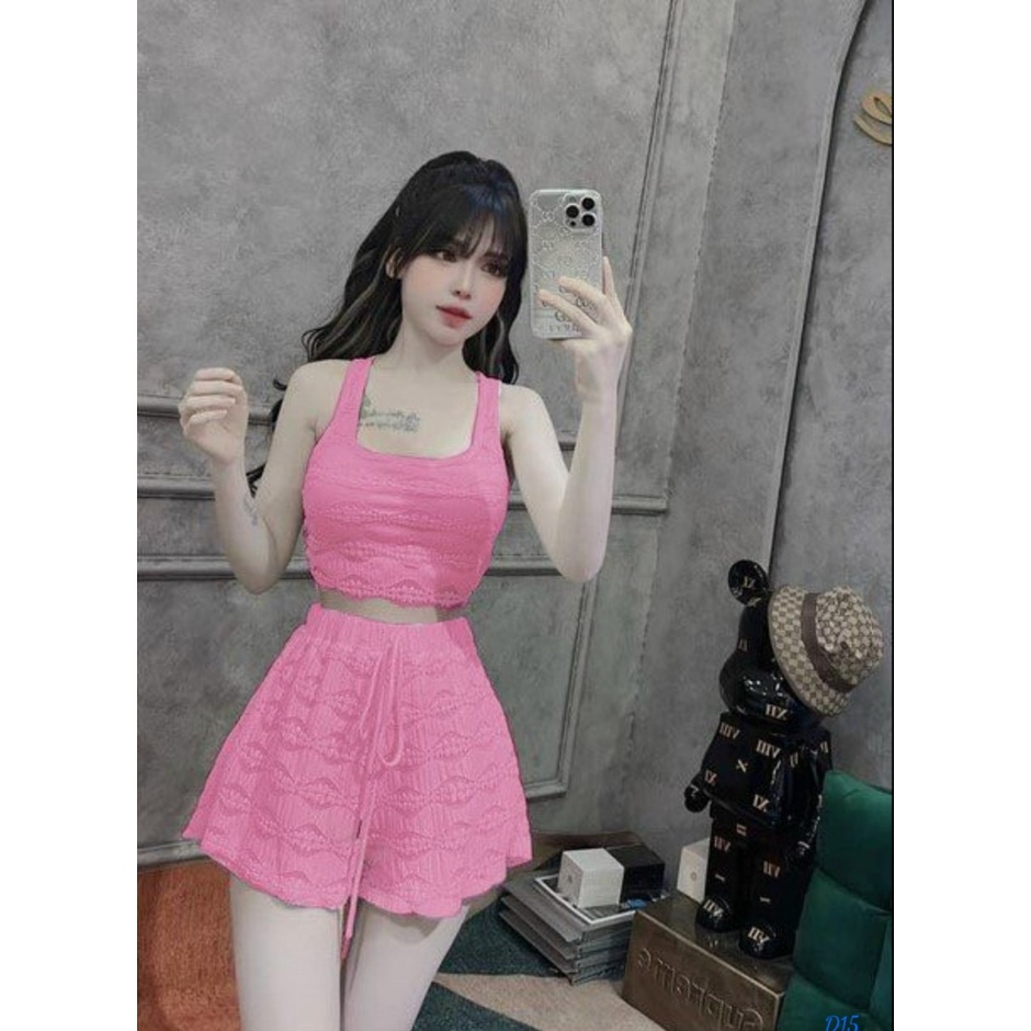Set bộ 2 món phong cách sexy cá tính với quần short ngắn viền ren kèm áo bó sát sexy, chất vải len ren cực đẹp