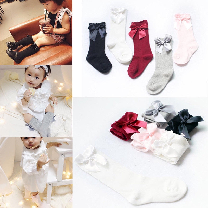 Vớ màu trơn bằng cotton pha đính nơ xinh xắn cho bé gái