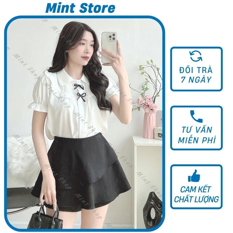 Áo sơ mi nữ trắng Cổ Tròn phối 2 nơ trước ngực phối tay bồng xinh xắn