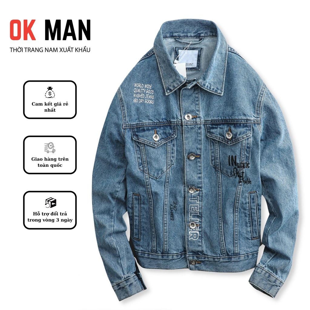 Áo khoác jean nam in hình cao cấp, form slimfit, 2 màu, co giãn tốt, OkMan