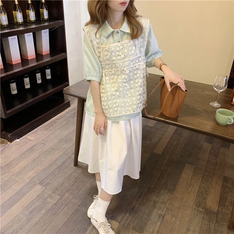 Set Áo Sơ Mi Tay Phồng Kẻ Sọc Caro + Chân Váy Màu Trắng Thiết Kế Mới Thời Trang Mùa Hè Theo Phong Cách Hàn Quốc Cho Nữ