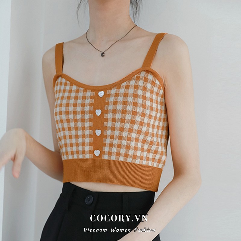 Cocory vn Áo Croptop Hai Dây Sọc Caro Phong Cách Cổ Điển Gợi Cảm Cho Nữ