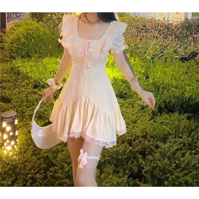 Đầm xòe babydoll trơn tay phồng đuôi cá voan màu vàng oder taobao