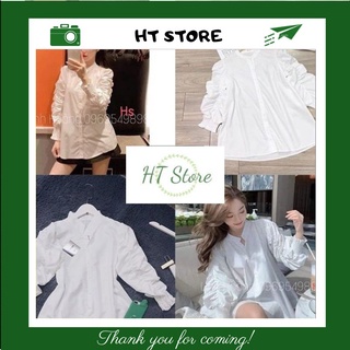 Áo sơ mi nữ công sở trắng cổ tàu tay dài bồng đẹp, áo sơ mi nữ kiểu dáng hàn quốc chất đũi lụa cao cấp - ht store
