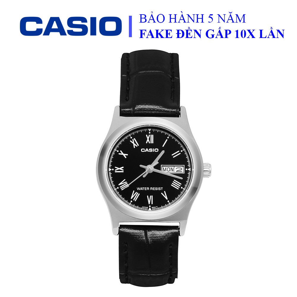 Đồng hồ Casio nữ dây da thể thao, mặt đen viền bạc sang trọng, chống nước WR30M đi bơi (LTP-V006L-1BUDF)