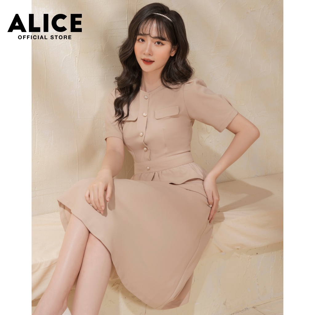 Đầm Công Sở Dáng Xòe ALICE V705, Đầm Thiết Kế Eo Bánh Bèo Dáng Sơ Mi Cổ Tròn Tay Ngắn Độc Đáo | BigBuy360 - bigbuy360.vn