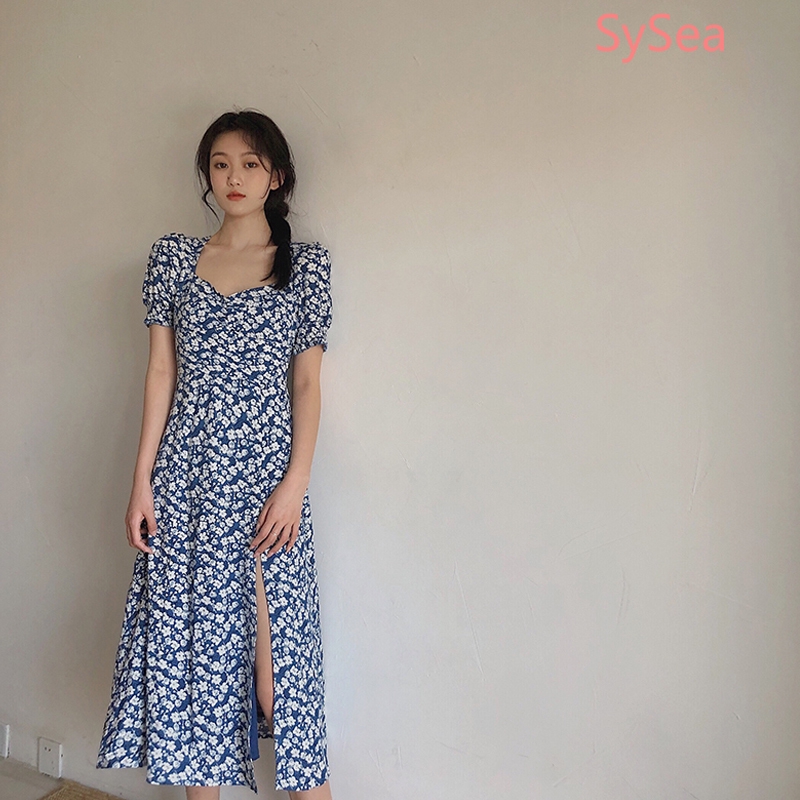 Đầm Dài Tay Ngắn Họa Tiết Hoa Thiết Kế Xẻ Tà Phong Cách Retro | BigBuy360 - bigbuy360.vn