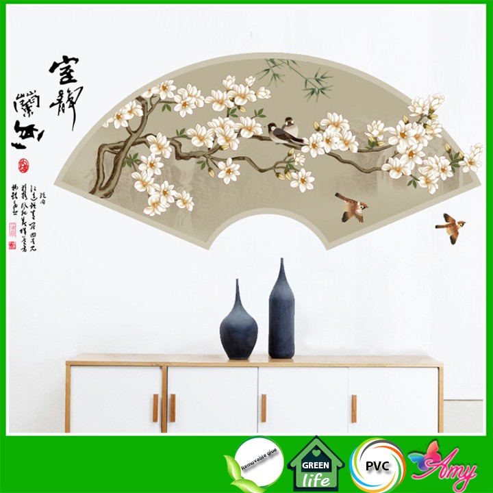 [HOT] Decal dán tường Tranh thủy mặc Hoa đào và chim trang trí phòng khách AmyShop