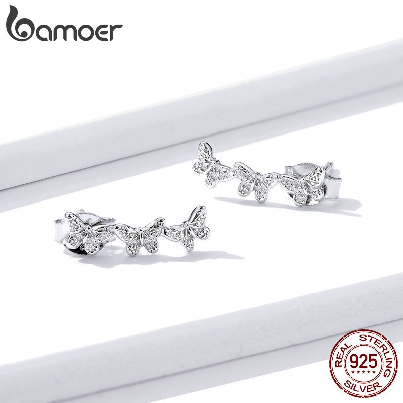 Bông Tai Bamoer BSE377 Bằng Bạc 925 Thiết Kế Ba Chú Bướm Thời Trang Cho Nữ