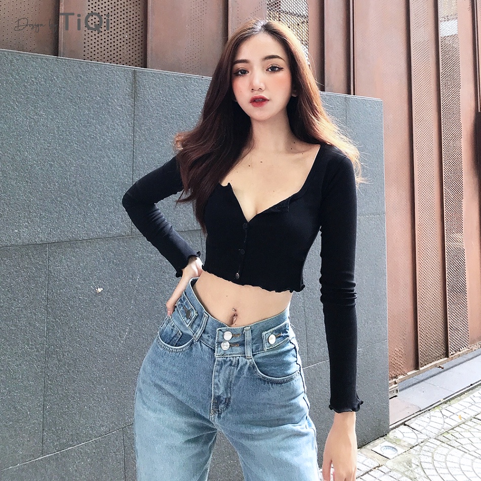 Áo croptop thun tay dài cổ tròn nút giữa nhiều màu TiQi Jeans A103