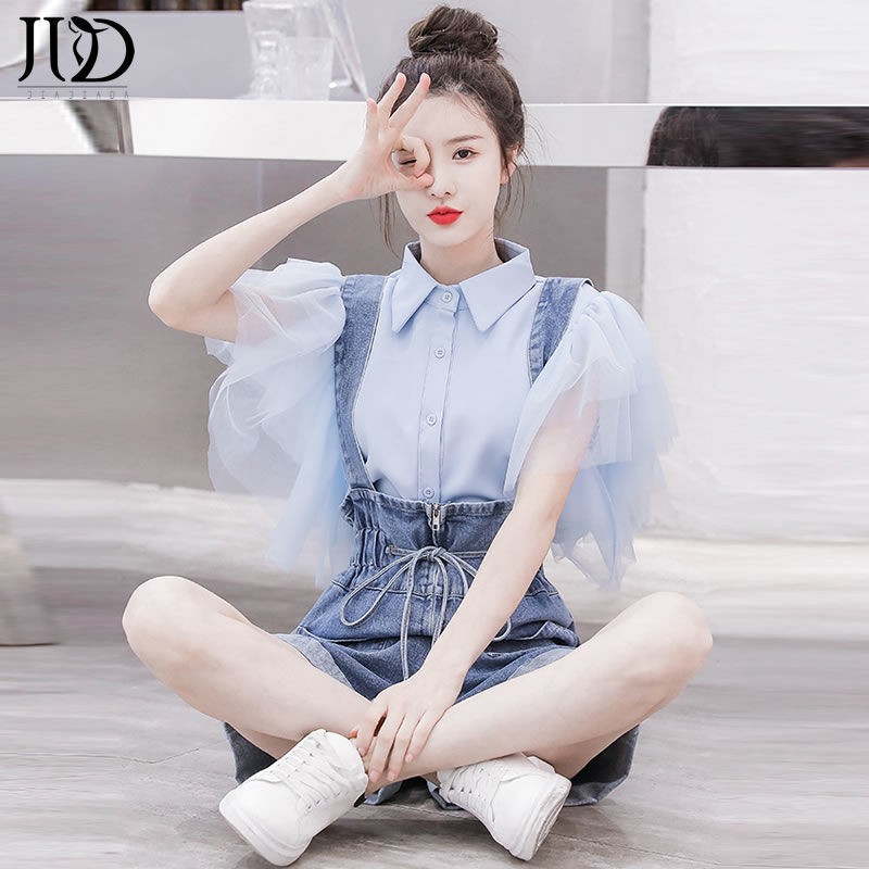 ✢∋✴2021 summer new Korean version of age-reducing waist waist denim overalls shorts super fairy yarn sleeve shirt two-piece suit female is thin