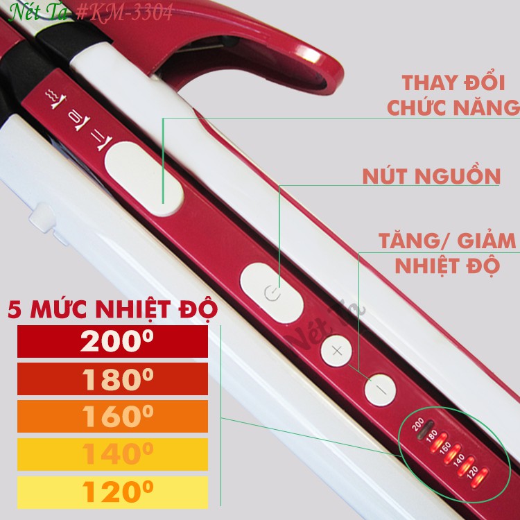 Máy tạo kiểu tóc uốn, duỗi, bấm tóc 3in1 điều chỉnh 5 mức nhiệt Kemei KM-3304 (Hồng phối trắng)