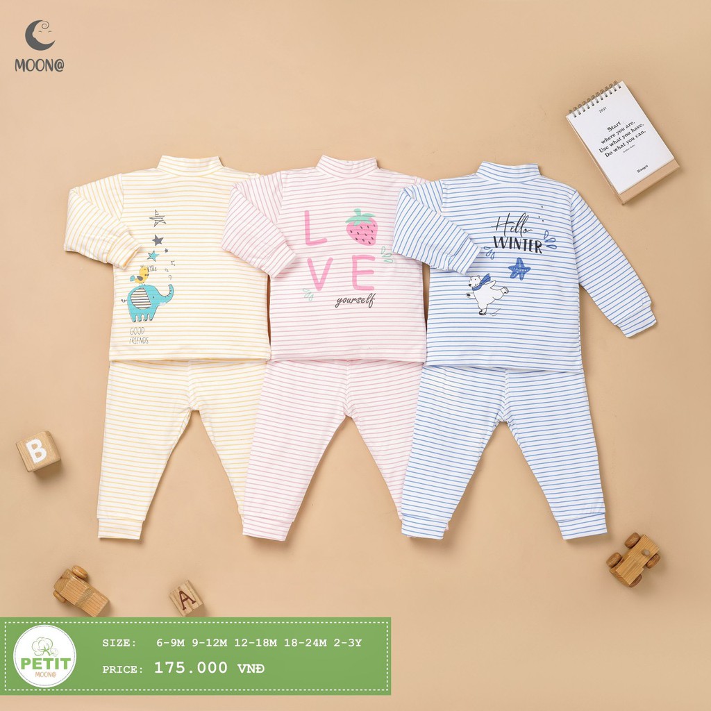 [CHÍNH HÃNG] Bộ quần áo dài tay cổ lọ 2cm petit họa tiết trẻ em Moon
