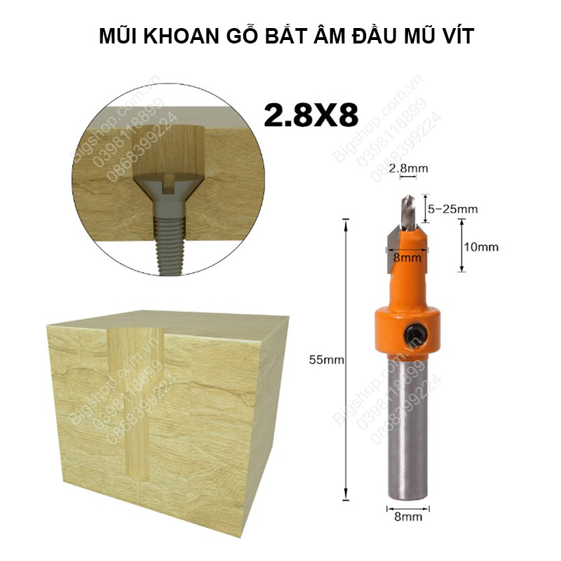 Mũi khoan gỗ, nhôm bắt âm đầu mũ vít nhiều kích cỡ, cốt 8mm nhiều kích cỡ