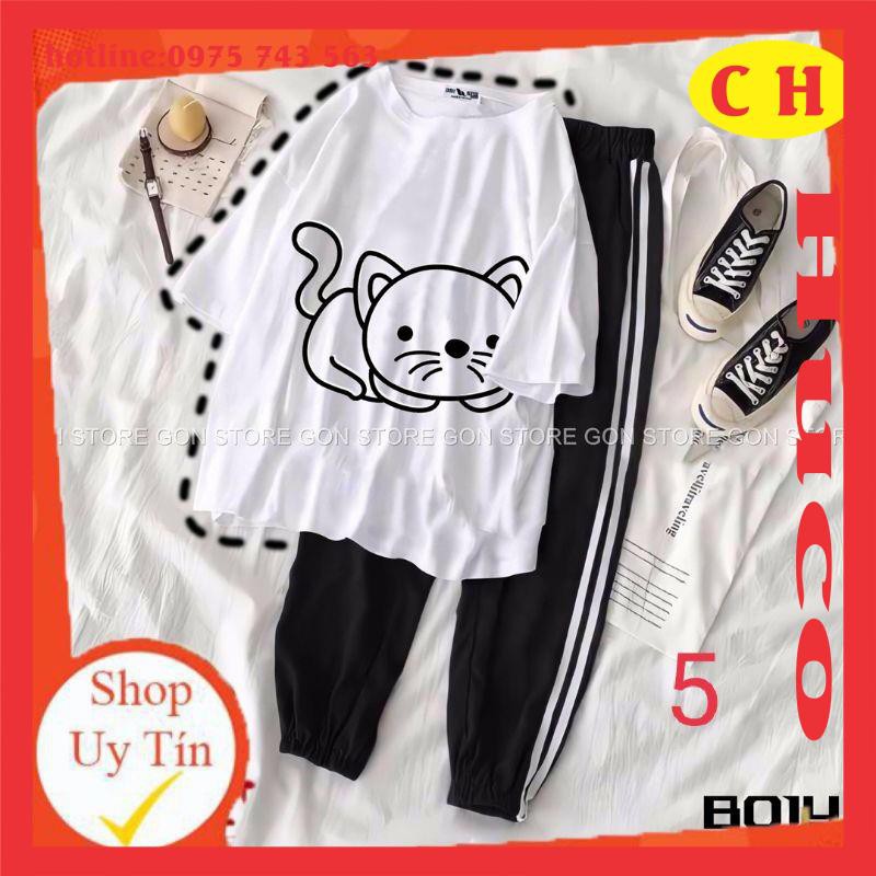 sét áo thun ngắn tay hình chipi cute cotton + quần sọc chun ống, sét đồ bộ nam nữ mặc đôi nhóm form rộng unisex freesize