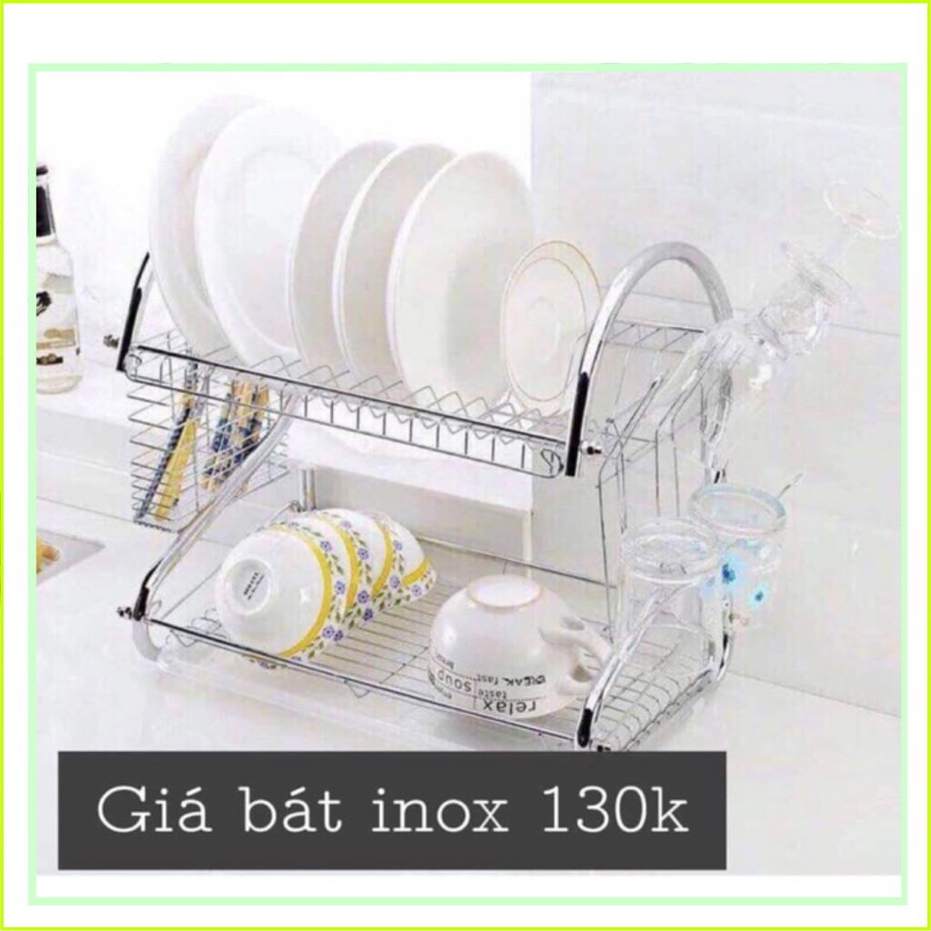 Giá Úp Bát Đĩa 2 Tầng Inox Có Khay Hứng Nước