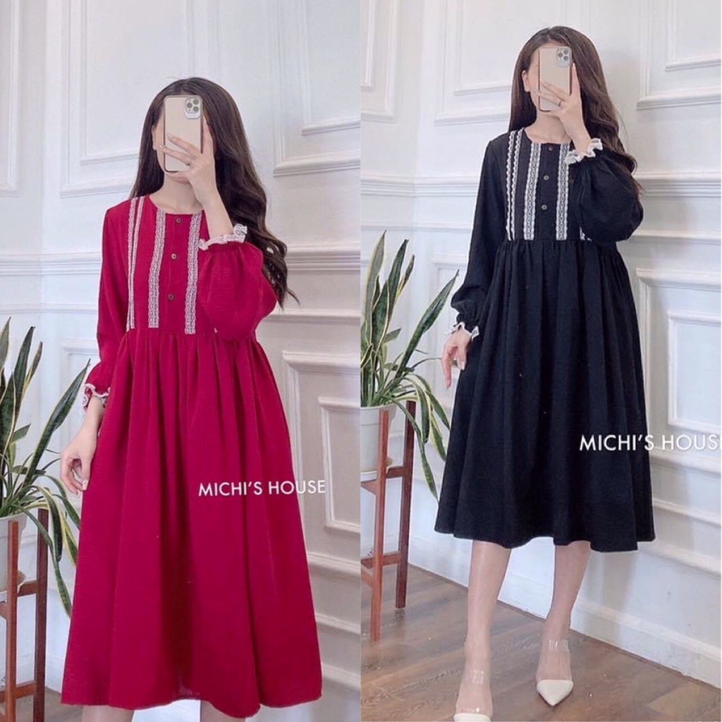 Váy bầu dài tay THU ĐÔNG chất đũi lụa mềm, an toàn cho mẹ - 𝐕𝟔𝟒