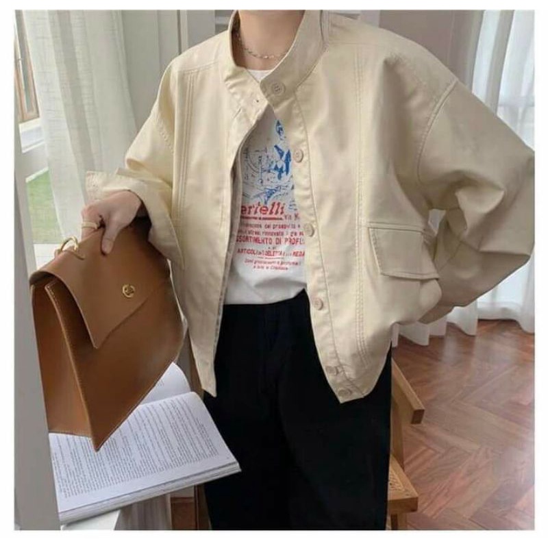 Áo Khoác Da - Áo Khoác Da Nữ Dáng Ngắn Croptop Màu Nâu Basic Hot Trend