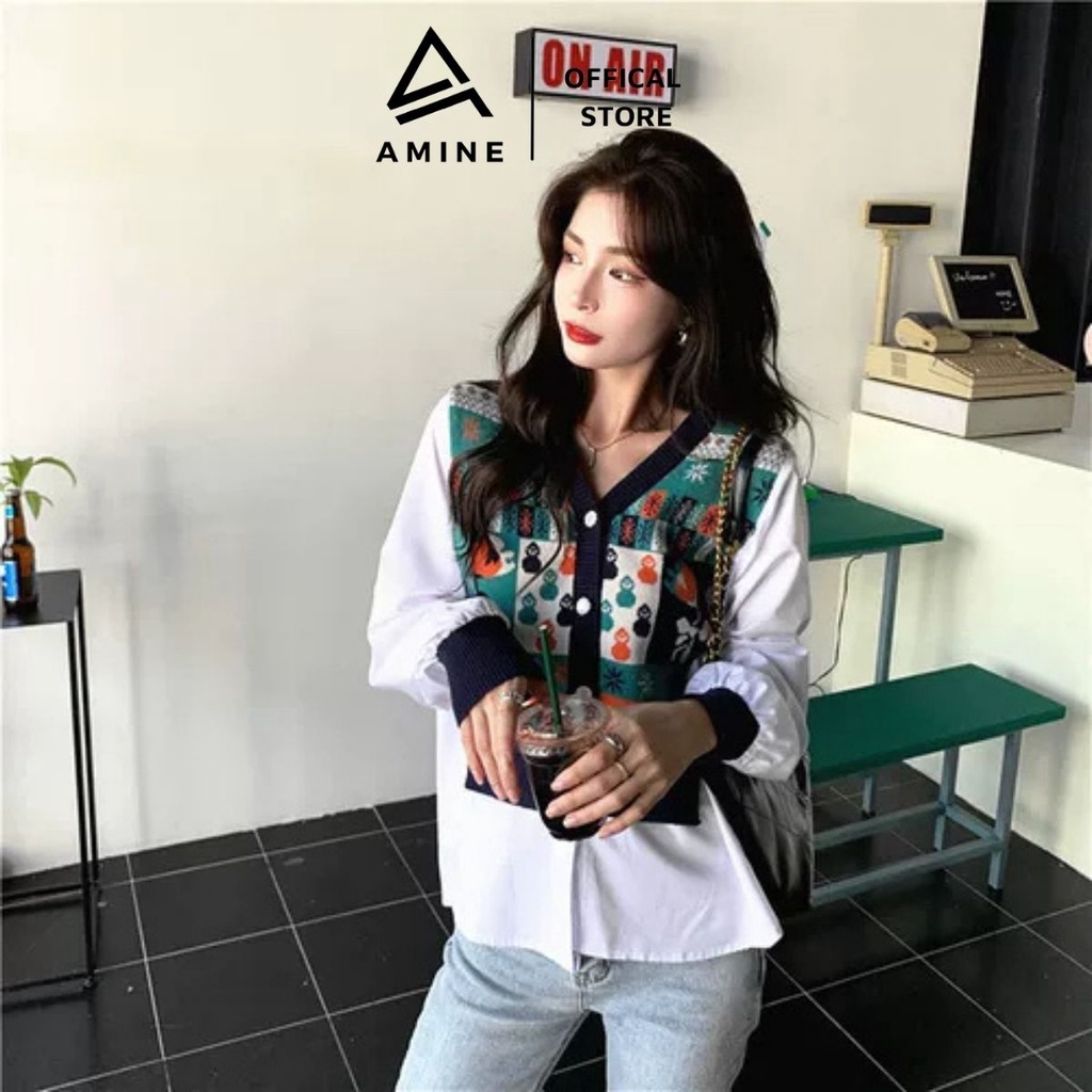Áo len nữ , sơ mi nữ form rộng phối len nhiều họa tiết phong cách Hàn Quốc siêu đẹp C21 | BigBuy360 - bigbuy360.vn