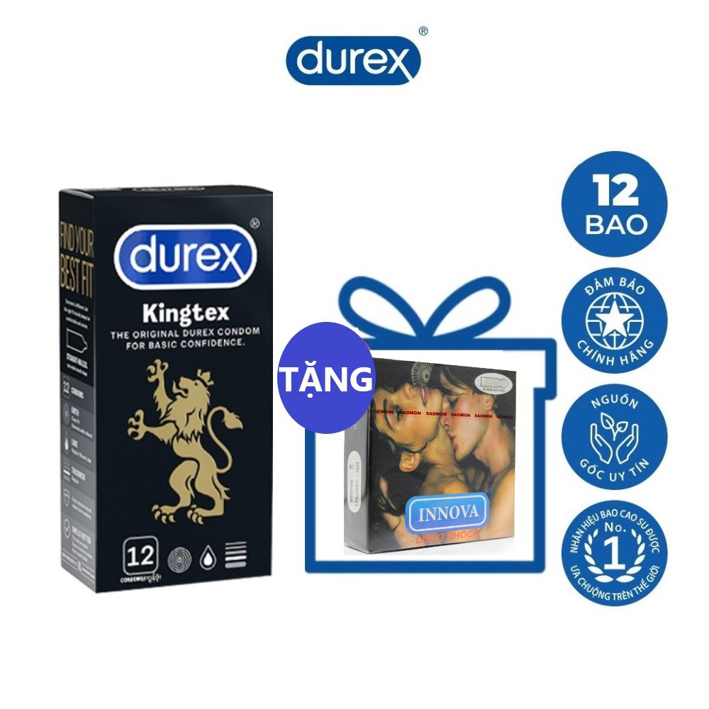 Combo 1 hộp bao cao su size nhỏ 49mm Durex Kingtex 12 cái tặng 1 hộp bcs gân gai kéo dài thời gian INNOVA 3 cái