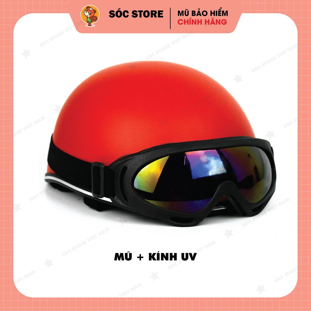Mũ bảo hiểm nửa đầu chính hãng Sóc Store Vietnam màu đỏ kèm kính UV, kính phi công, nón bảo hiểm 1 phần 2 freesize