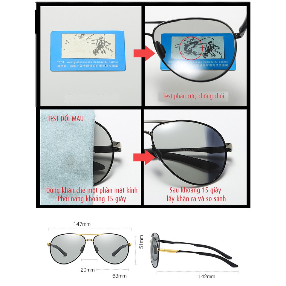 Kính mát nam mắt kính đổi màu đi ngày và đêm gọng nhôm magiê nhẹ, mắt kính polarized phân cực, chống UV - AR8722