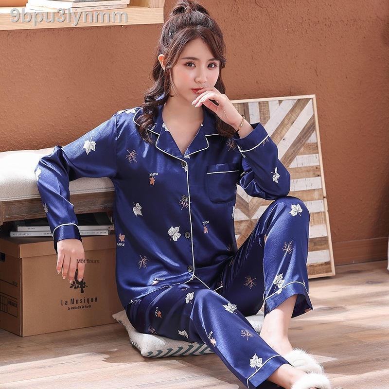 Đồ bộ/ Đồ mặc nhàpyjama nữ mùa xuân và thu hè dài tay lụa băng quần áo ở nhà mỏng mô phỏng bộ đồ của mẹ