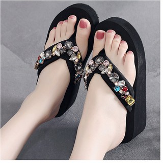 (SẴN HÀNG) Dép tông kẹp nữ xỏ ngón đế xuồng cao quai đính đá pha lê