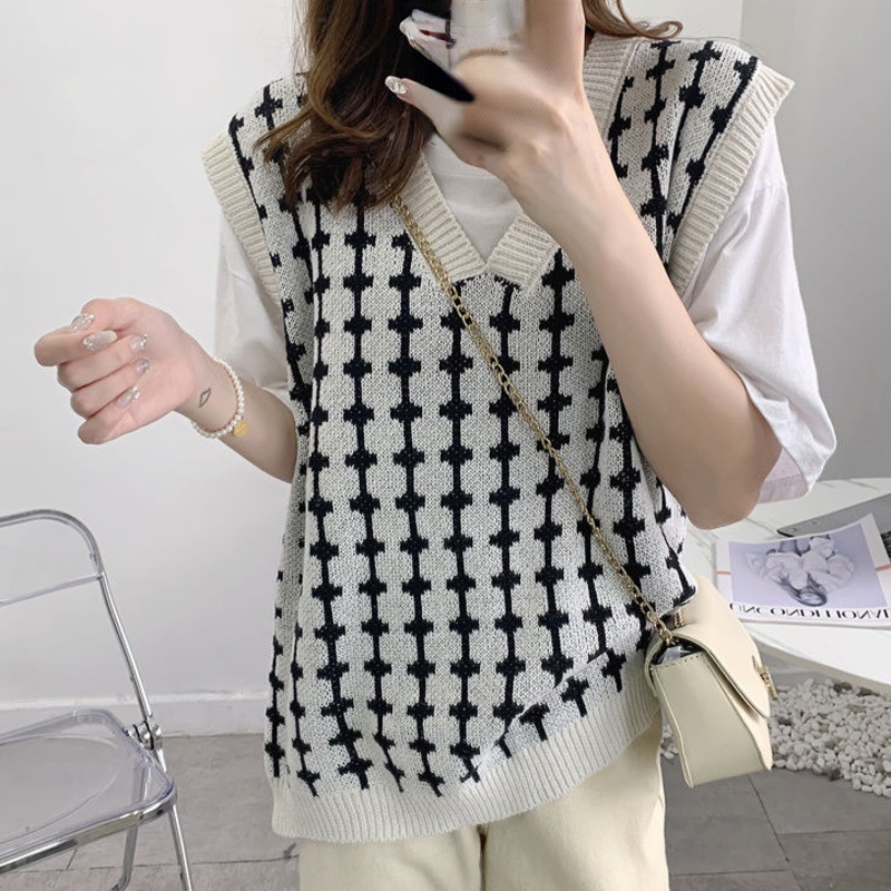 Áo Sweater Dệt Kim Sát Nách In Họa Tiết Kiểu Retro Thời Trang Mùa Thu