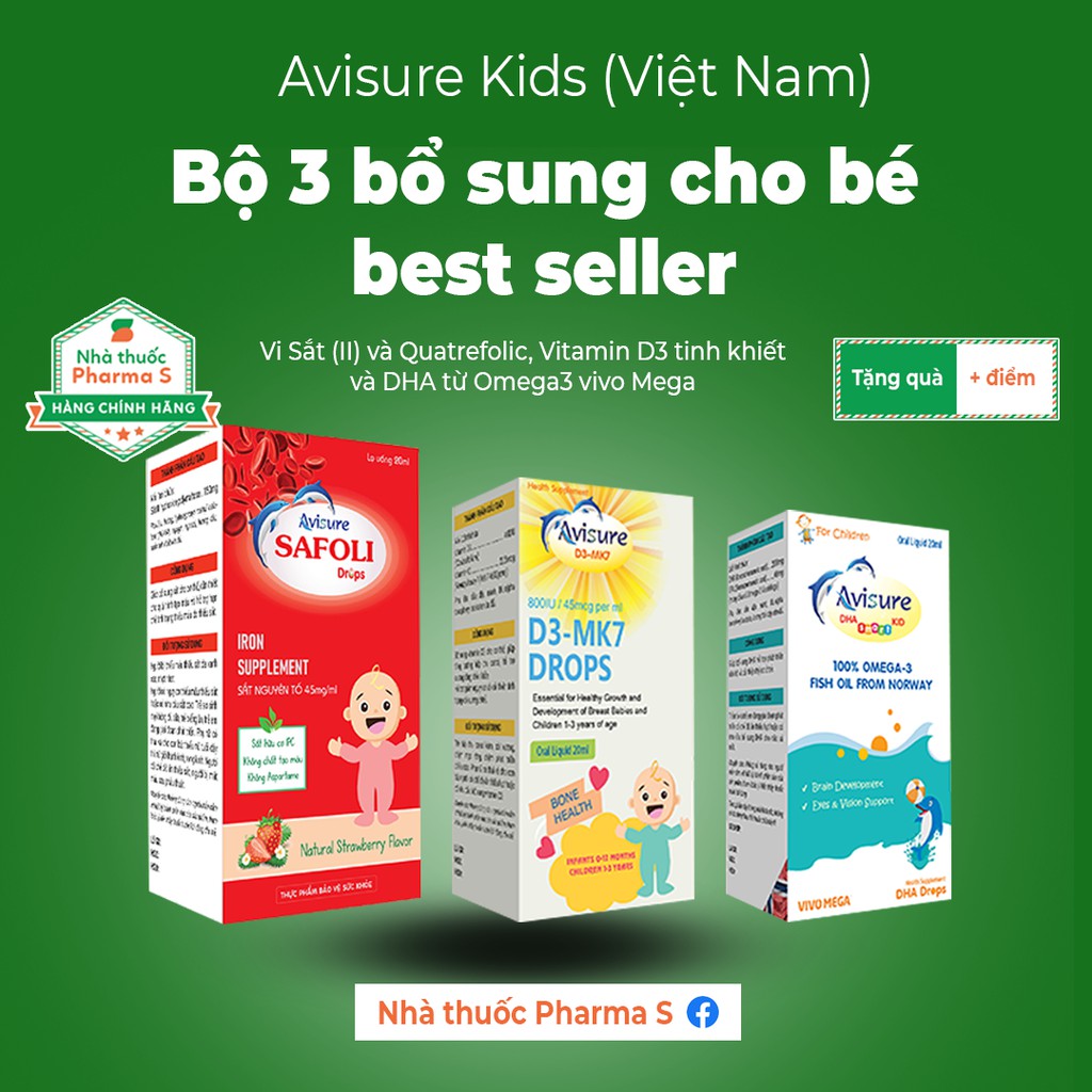 📌[Mưa quà tặng] Bộ AVISURE KID - Vitamin D3 Mk7, Smart Kid DHA và sắt Safoli Drops cho bé yêu từ 0- 24 tháng tuổi.