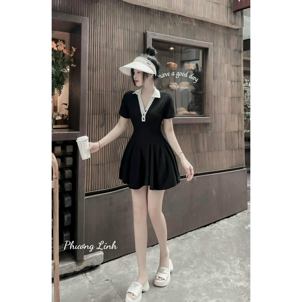 Đầm xoè phối trụ nút cổ tim phom ngắn chất thun gân thích hợp mặc đi làm đi chơi phù hợp với mọi phong cách
