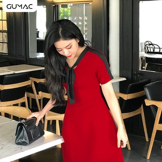 Đầm cổ V dây nơ GUMAC MS12026_DO