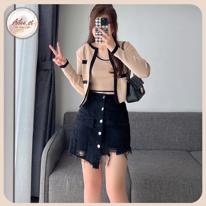 Set Bộ Len Mongtoghi 2 Món Áo Ba Lỗ Và Áo Khoác Viền Dài Tay Cổ Tròn Có Túi Phong Cách Hàn Quốc Ailee AO NU 007A2