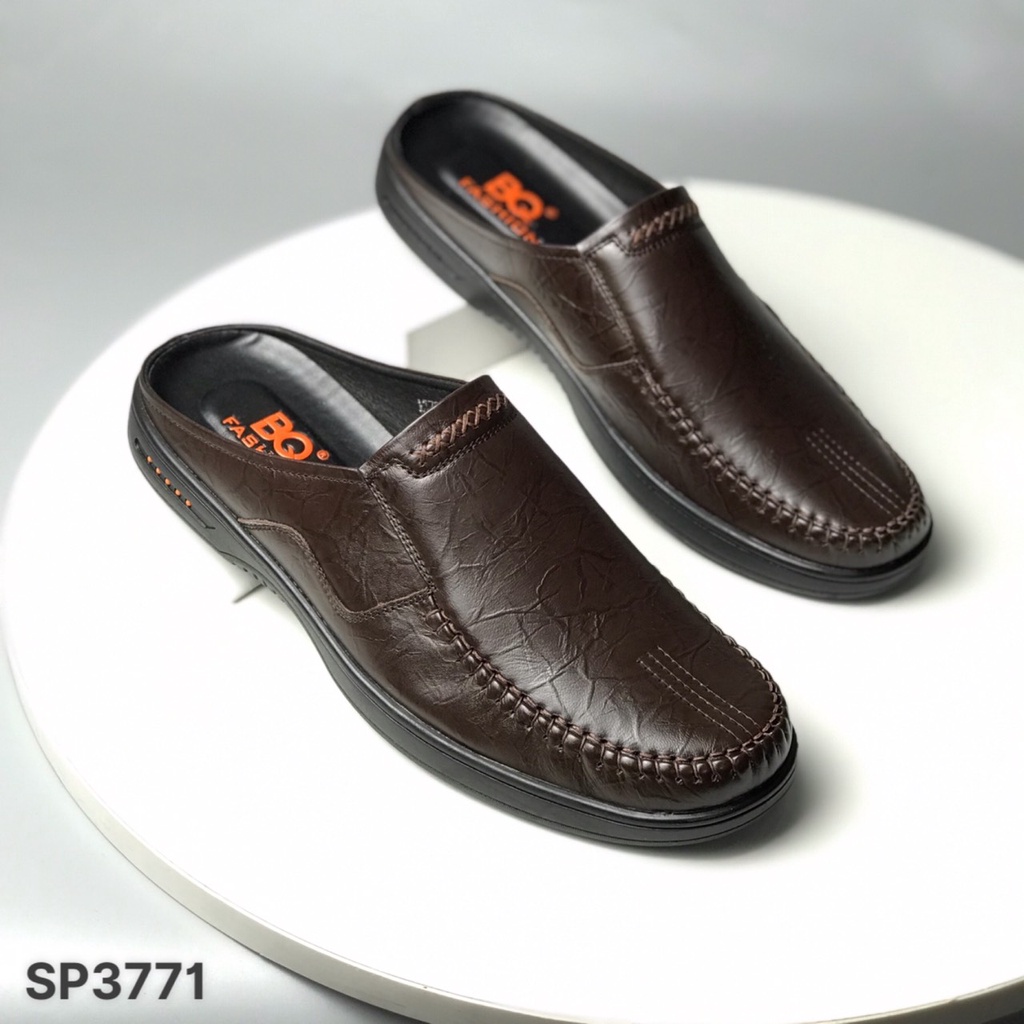 Sục nam BQ ❤️FREESHIP❤️ Giày Sapo da bò mềm kẻ sần mũi may mọi đế cao su SP3771