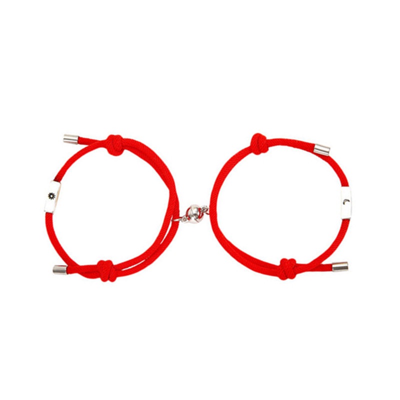 Set 2 Vòng Tay Dây Bện Màu Đỏ Đen Khóa Nam Châm Khắc Hình Mặt Trời Và Mặt Trăng
