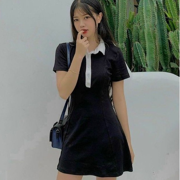 Váy chữ A, đầm polo đen cổ bẻ màu trắng Han siêu đẹp | BigBuy360 - bigbuy360.vn