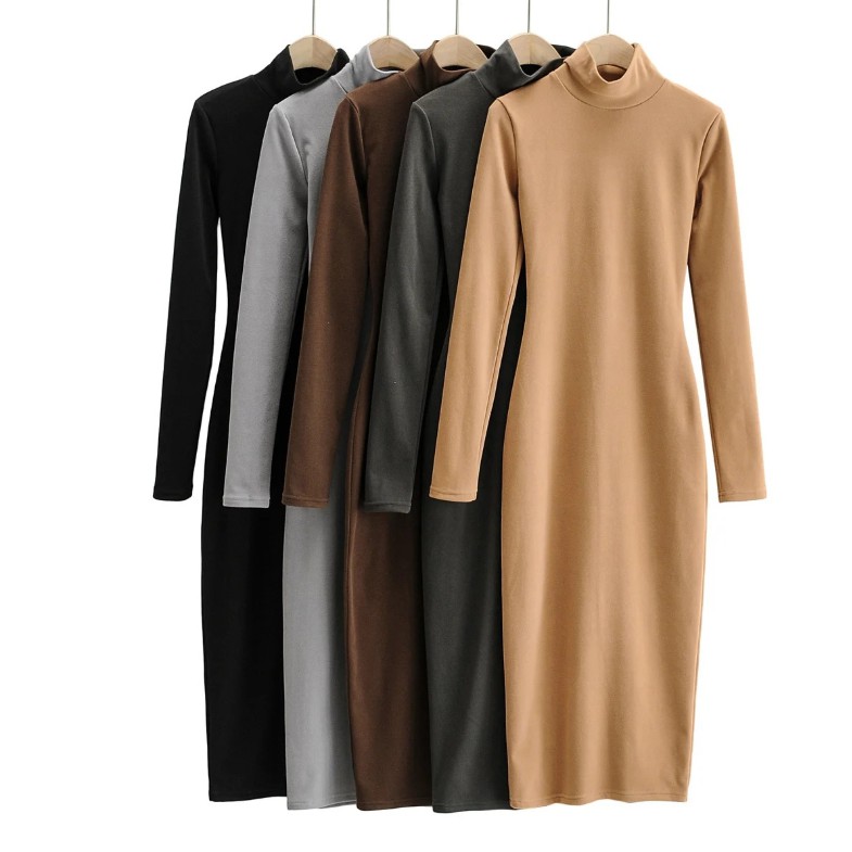 Đầm Dài Qua Gối Tay Dài Cổ Cao Dáng Ôm Thời Trang Thu Đông Cho Nữ