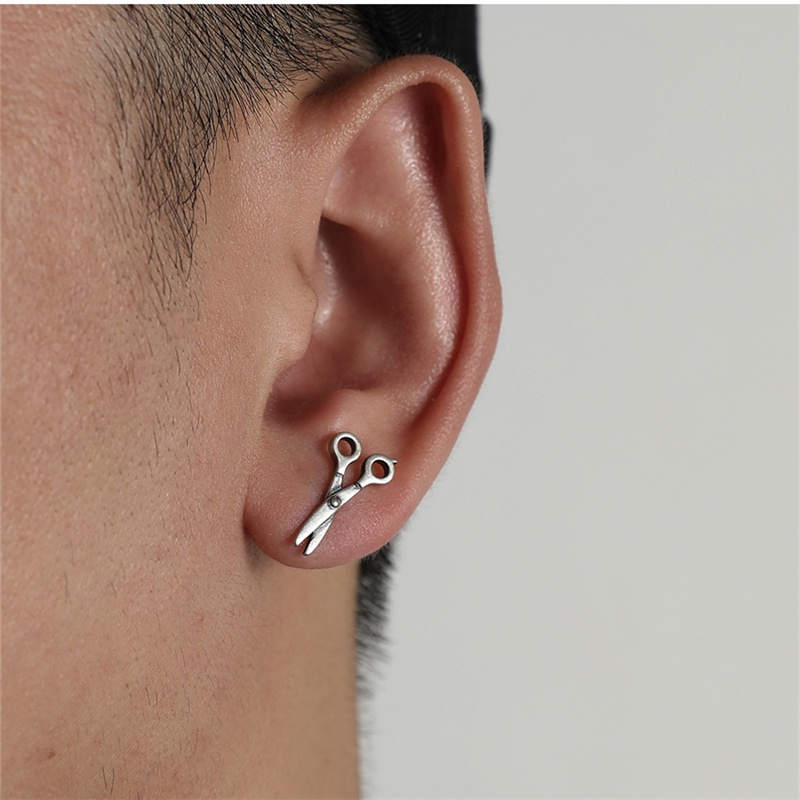 Khuyên tai bạc 925 dạng kẹp hình cây kéo phong cách punk cổ điển thời trang cho nam nữ