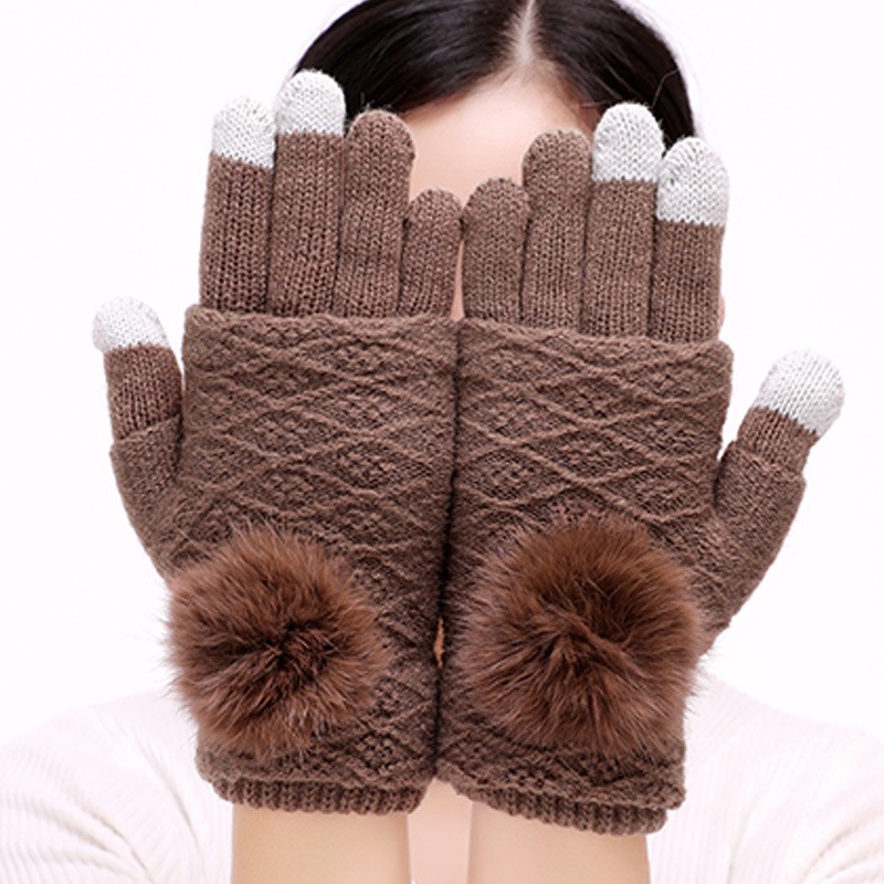 Găng tay len cảm ứng (màu nâu), găng tay len nữ, găng tay len 2 trong 1 có thể dùng theo 3 phong cách