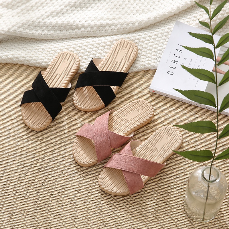 Dép Giả Cói Quai Chéo Màu Trơn